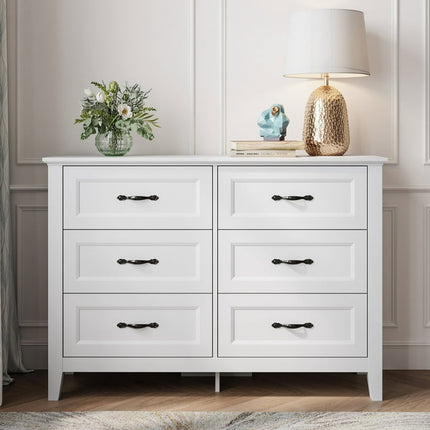LINSY HOME Dresser for Bedroom, Long Dresser with 6 Drawers and Antique Handles, Chest of Drawers for Living Room, Entryway and Hallway, White
