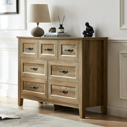 LINSY HOME Dresser for Bedroom, Long Dresser with 7 Drawers and Antique Handles, Chest of Drawers for Living Room, Entryway and Hallway, Brown