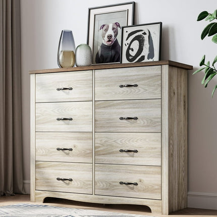 LINSY HOME Dressers for Bedroom, 8 Drawers Chest, Nursery Dresser Organizer, Wide Dresser Chest of Drawers - Oak White