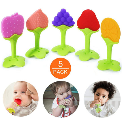 LMKOO 5 Pack Baby Teething Toys w/Safe Smoothened Edges| Food Grade Soft Silicone Fruit Teethers for Babies | Fridge & Dishwasher Safe | 100% BPA-Free Teether Set for Boys & Girls