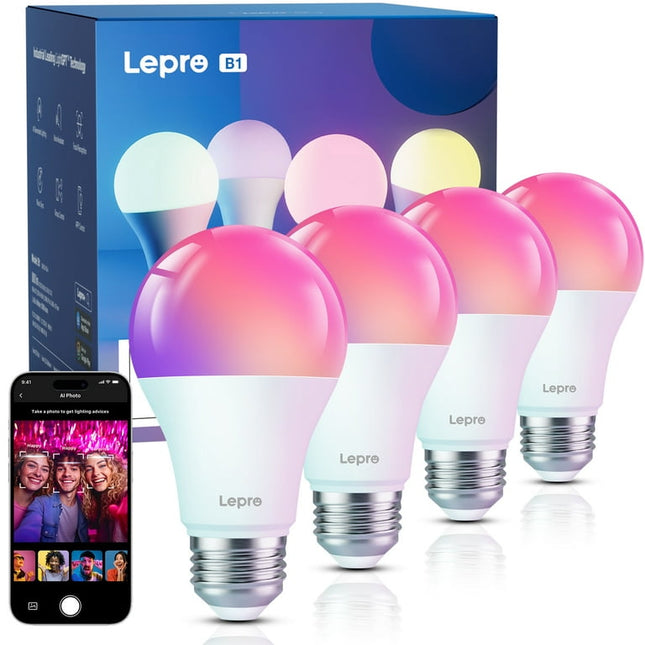 Lepro B1 AI Smart Light Bulbs-AI Mood Recognition/Music Sync/Thousands Dynamic Scenes Matching, 60W Equivalent, 4Packs