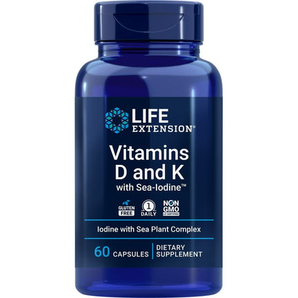 Life Extension Vitamins D and K with Sea-Iodine, vitamin D3, vitamin K1 and K2, iodine, supports immune, bone, arterial and thyroid health, non-GMO, gluten-free, 60 capsules