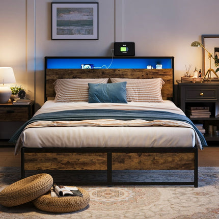 Linsy Home Full Size Platform Bed Frame with Headboard and 3 Storage Shelves, Metal Bed with Lights, Outlets & USB, Dark Brown