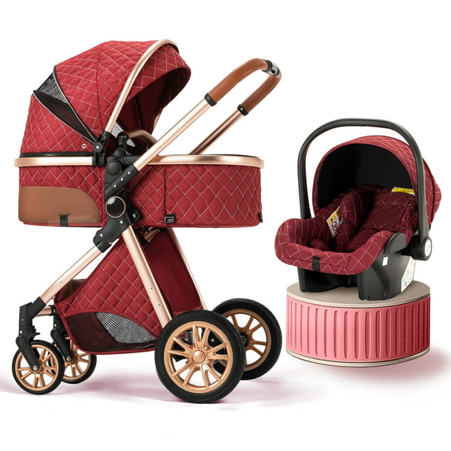 Luxury Pram Baby Stroller High Landscape Pushchair Stroller for 0-36 Months Kids（Red）