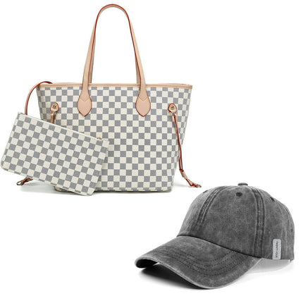 MK Gdledy Womens Handbags Checkered Tote Shoulder Bags Fashion Large Travel Shoulder Purses With Wristlet Clutch 2 in 1 Bag Set-White (2021)