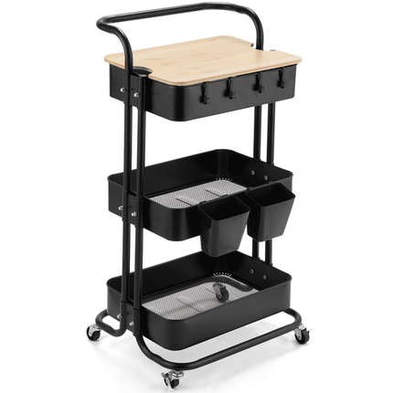 MONVANE 3 Tier Metal Rolling Cart with Cover Board, Utility Cart, Snack Cart, Rolling Storage Cart with Wheels, Kitchen Cart Organizer with 2 Small Baskets and 4 Hooks for Bathroom Office Living Room