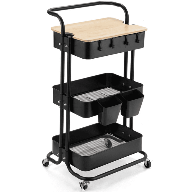 MONVANE 3 Tier Metal Rolling Cart with Cover Board, Utility Cart, Snack Cart, Rolling Storage Cart with Wheels, Kitchen Cart Organizer with 2 Small Baskets and 4 Hooks for Bathroom Office Living Room