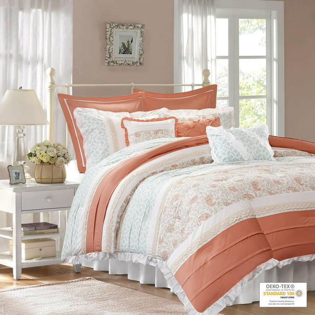 Madison Park Dawn 9-Piece Cotton Percale Comforter Set, Coral - Cal King