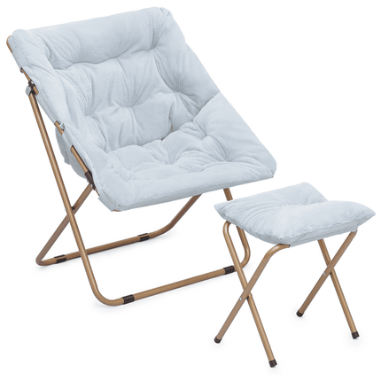 Magshion Comfy Saucer Chair with Ottoman, Faux Fur Oversized Folding Chair and Footrest Foot Stool Set with Metal Frame for Bedroom Living Room, Blue