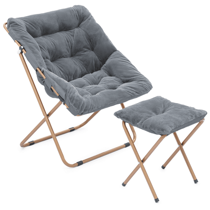 Magshion Folding Saucer Chair and Footrest Stool Set, Soft Faux Fur Oversized Accent Chair, Metal Frame Moon Chair for Bedroom Living Room, Gray