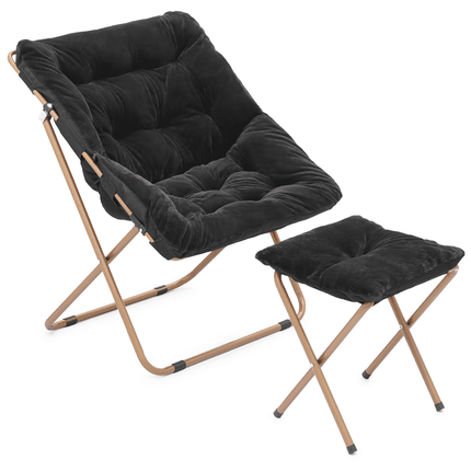 Magshion Saucer Chair with Ottoman, Faux Fur Folding Chair and Footrest Set with Metal Frame, Foldable Lounge Chair and Foot Stool Set for Bedroom, Black