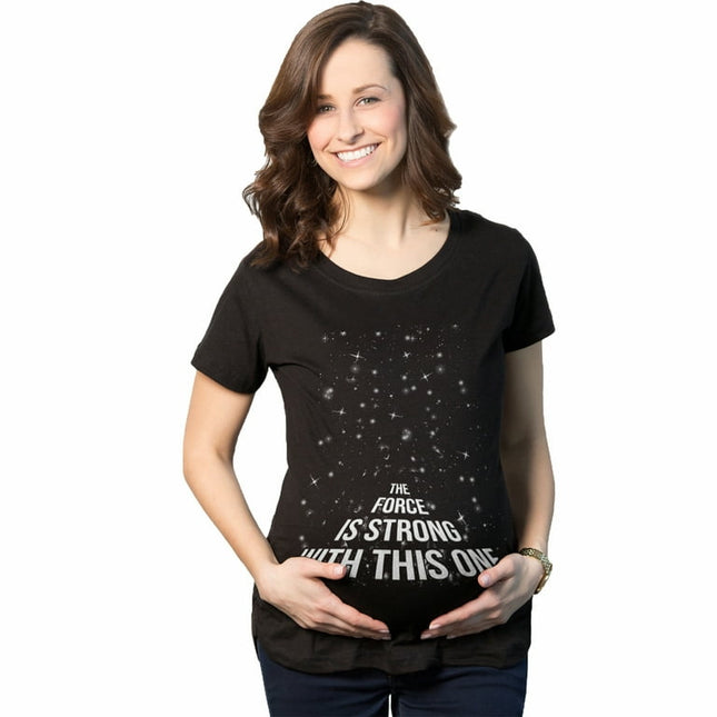 Maternity Force Is Strong Funny Pregnancy T Shirt Graphic For Expecting Mothers (Black) - L