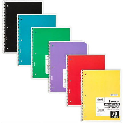 Mead Spiral Notebook, 1 Subject, College Ruled, 70 Sheets, 6 Pack (73065)