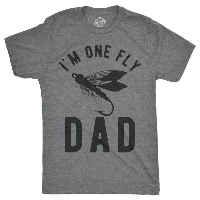 Mens Im One Fly Dad Tshirt Funny Fishing Fathers Day Tee For Guys (Dark Heather Grey) - XXL Graphic Tees