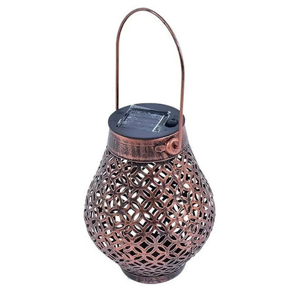 Metal Solar Lantern, Outdoor Garden Lantern with LED Lights, 6.3 inch Waterproof Camping Lantern, Bronze Hollow Lantern for Garden Patio Yard