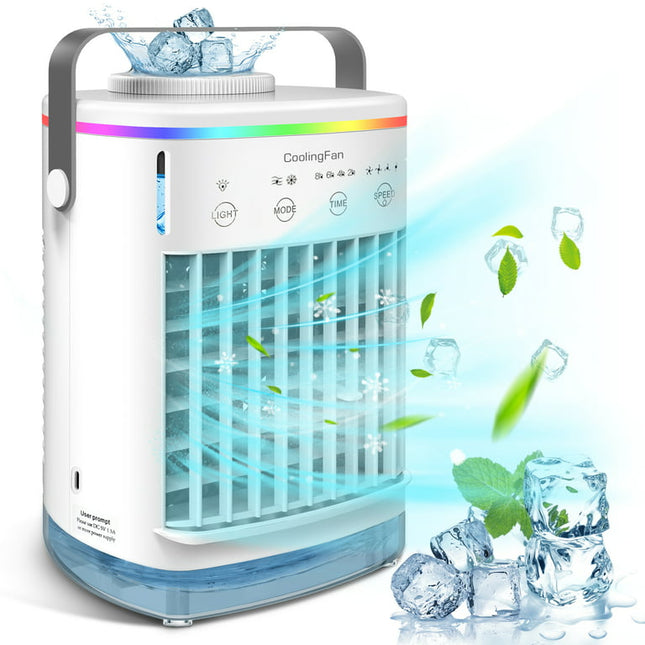 Mini Portable Air Conditioner, Evaporative Air Cooler,Personal Air Cooling Fan and Humidifier with 4 Speeds 7 Colors for Room & Office Desk Outdoors Travel, White