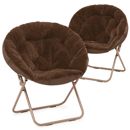 MoNiBloom 2-Piece Foldable Lounge Chair Comfy Faux Fur Saucer Chair, Cozy Moon Chair Seating with Metal Frame for Home Living Room Bedroom, Brown