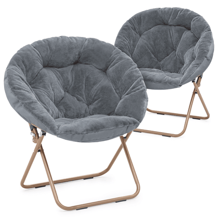 MoNiBloom 2 Pieces 33" Round Foldable Saucer Chair, Soft Faux Fur Oversized Folding Accent Chair Lounge Moon Chair with Metal Frame for Bedroom, Gray