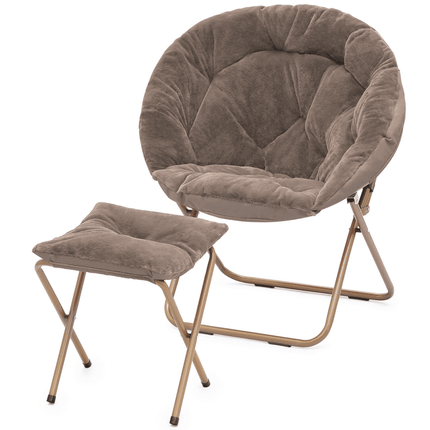 MoNiBloom Saucer Chair and Folding Footrest Stool Set, Soft Faux Fur Oversized Accent Chair, Metal Frame Moon Chair for Bedroom Living Room Dorm, Beige