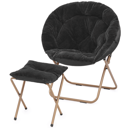 MoNiBloom Saucer Chair with Ottoman, Faux Fur Folding Chair and Footrest Set with Metal Frame, Foldable Lounge Chair and Foot Stool Set for Bedroom, Black