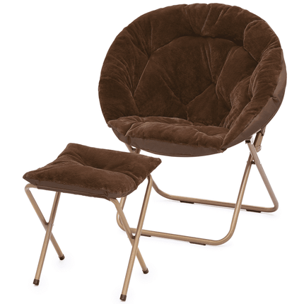 MoNiBloom Saucer Chair and Folding Footrest Stool Set, Soft Faux Fur Oversized Accent Chair, Metal Frame Moon Chair for Bedroom Living Room, Brown