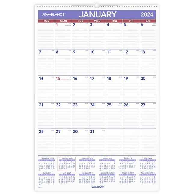 Monthly Wall Calendar with Ruled Daily Blocks, 20 x 30, White Sheets, 12-Month (Jan to Dec): 2024