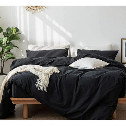 MooMee Bedding Duvet Cover Set 100% Washed Cotton Linen Like Textured Breathable Durable Soft Comfy (Comforter Not Included) Black, Cal King