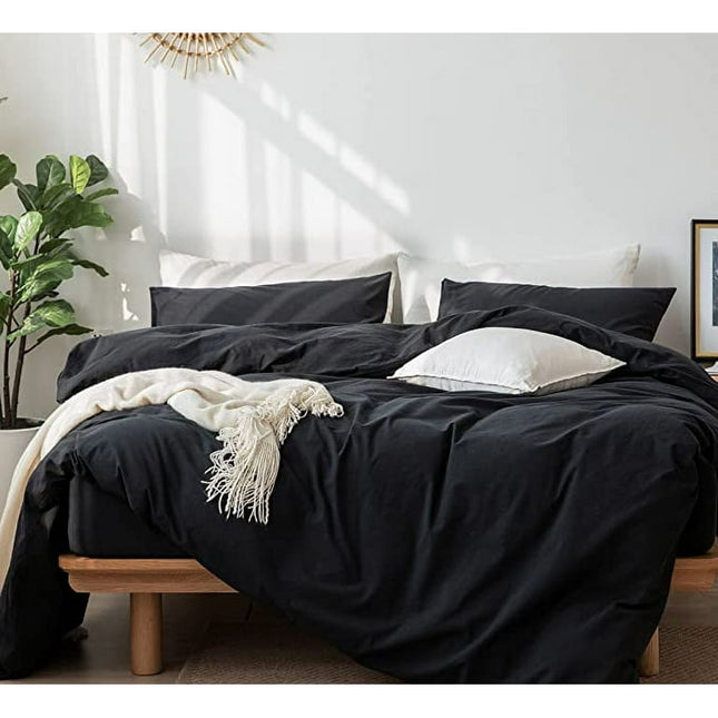 MooMee Bedding Duvet Cover Set 100% Washed Cotton Linen Like Textured Breathable Durable Soft Comfy (Comforter Not Included) Black, Cal King