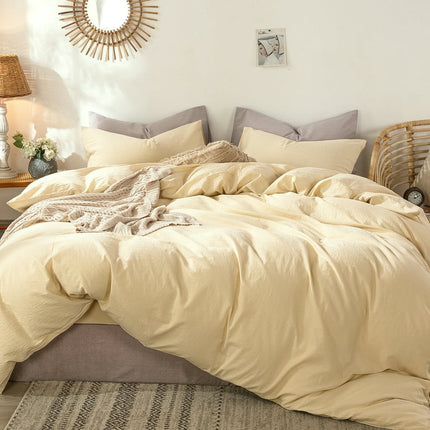 MooMee Bedding Duvet Cover Set 100% Washed Cotton Linen Like Textured Breathable Durable Soft Comfy (Comforter Not Included) Light Beige Cream, Queen