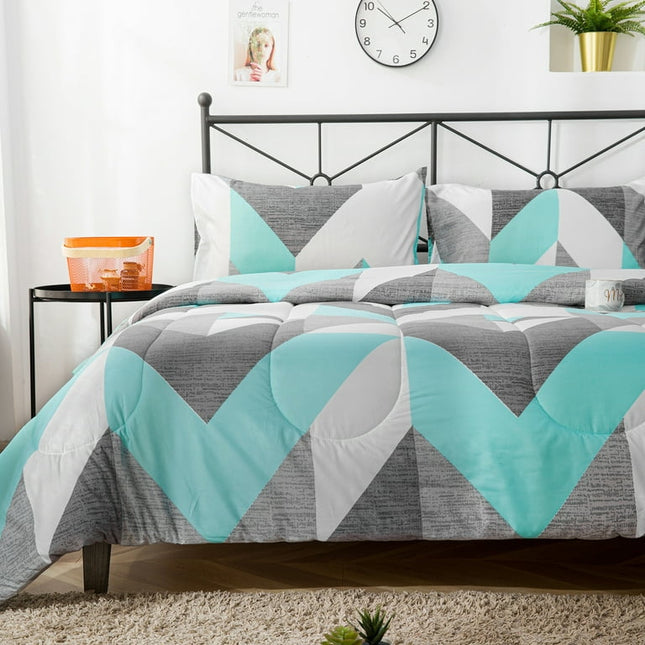Move Over Teal Plaid Comforter Set King Geometric Bedding Sets Chevron Pattern Microfiber Filling Comforter