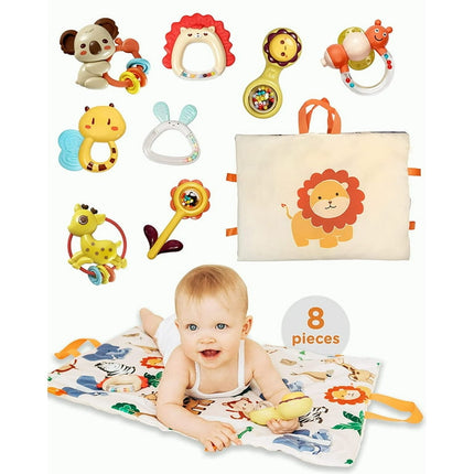 Move2Play, 8 Piece Baby Rattle and Tummy Time Mat Set | Rattle and Teething Toys - Gift for Infants and Babies