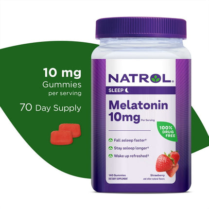 Natrol Melatonin Sleep Aid Gummies, Fall Asleep Faster, Strawberry, 10mg, 140 Count