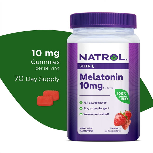 Natrol Melatonin Sleep Aid Gummies, Fall Asleep Faster, Strawberry, 10mg, 140 Count
