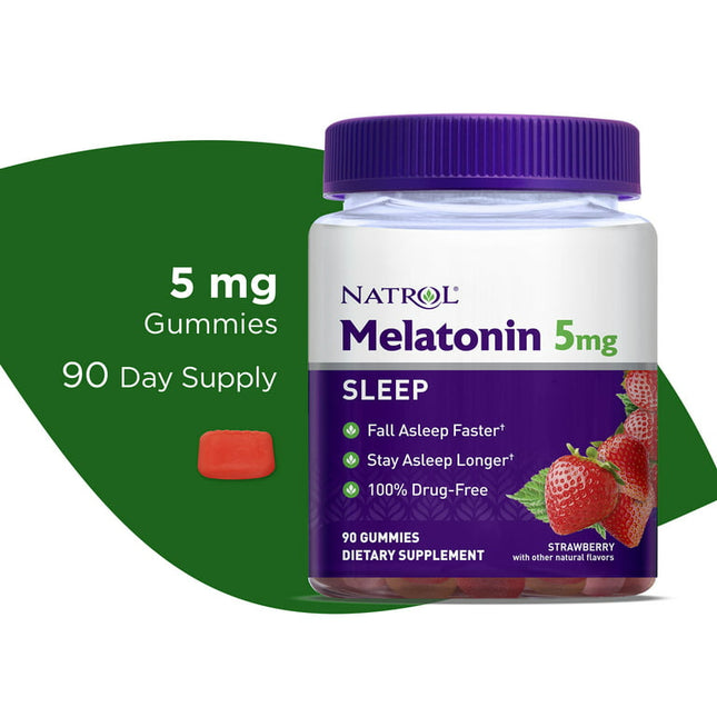 Natrol Melatonin Sleep Aid Gummies, Fall Asleep Faster, Strawberry, 5mg, 90 Count