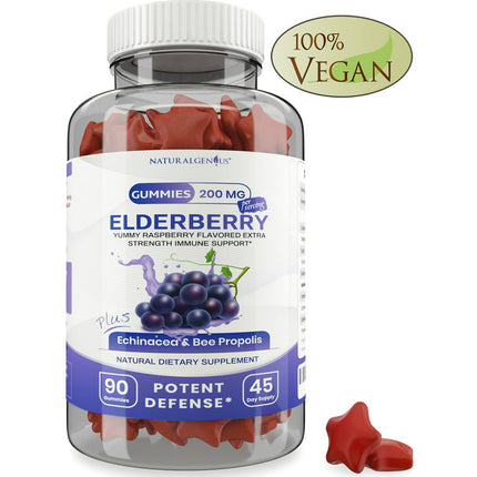 Natural Genius Black Elderberry Gummies with Vitamin C, Echinacea & Bee Propolis, Immune Booster for Kids & Adults 90 ct