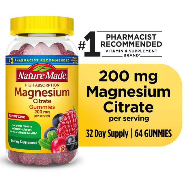 Nature Made High Absorption Magnesium Citrate 200 mg Per Serving Gummies, 64 Count