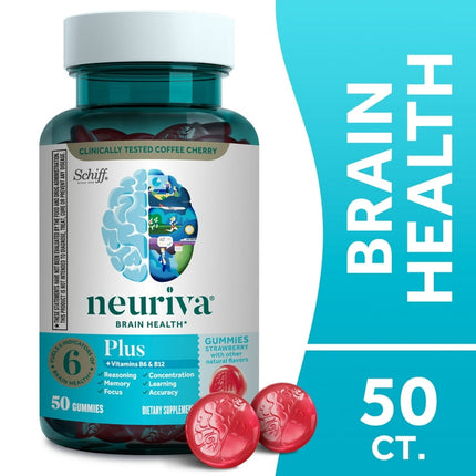 Neuriva Plus Brain Health Support Strawberry Gummies (50 count), Brain Support With Phosphatidylserine, Vitamin B6 & Decaffeinated, Clinically Tested Coffee Cherry