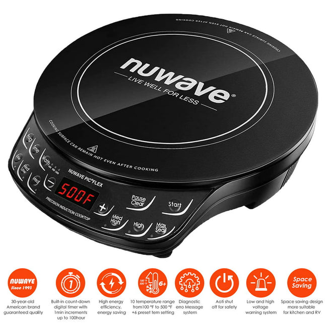 NuWave Portable Induction Cooktop Flex, 10.25-inch Shatter-Proof Ceramic Glass and Large 6.5-inch Heating Coil, 3 Wattage Settings 600, 900 & 1300 Watts, Compact