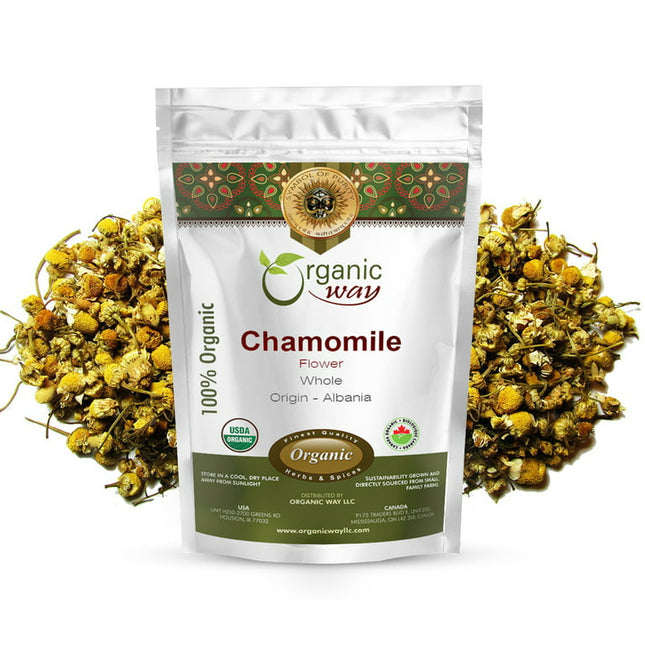Organic Way Chamomile Flower Whole (Matricaria chamomilla) - European Wild-Harvest | Organic & Kosher Certified | Vegan | Non GMO & Gluten Free | USDA Certified | Origin - Albania (1/4LBS / 4Oz)