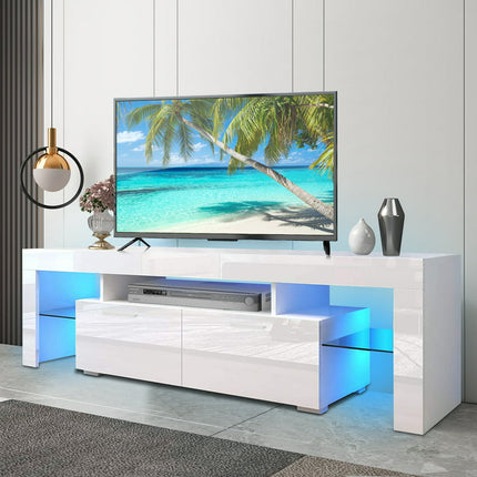 PAPROOS TV Stand for 70 Inch TV, Modern High Glossy TV Cabinet with 16 Colors LED Lights, Living Room TV Console Table with Storage Drawers and Glass Shelves, Entertainment Center, White