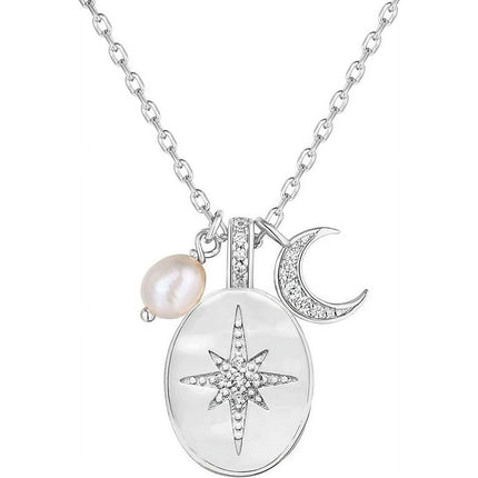 PAVOI 14K Gold Plated Cluster Chain Necklace for Women | 6x4mm Polished Shell Pearl | 1.4mm Width North Star | 7.6mm Moon Cubic Zirconia Paved | Jewelry for Women | White Gold