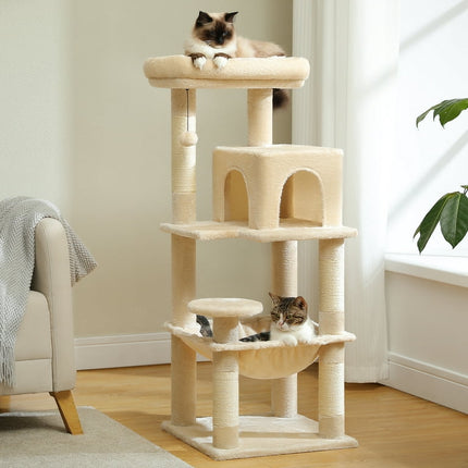 PAWZ Road Cat Tree Condo 46”with Sisal Covered Scratching Posts Tower Deep Hammock and Large Perch for Small Cats, Beige