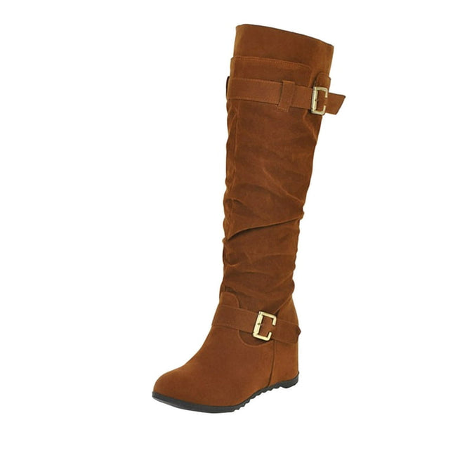 PMUYBHF Ladies Fashion Solid Suede Belt Buckle Decoration with Elevated Wedge Heel Long Boots 45.98