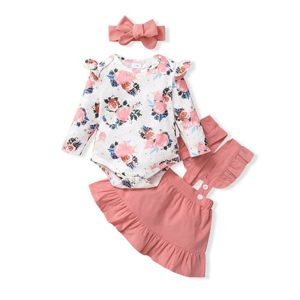 PatPat 3pcs Baby Girls Floral Ruffle Romper Set,Newborn Long Sleeve Bodysuit Romper with Suspender Swing Dress Headband Fall Clothes Infant Outfit Casual Overall Dress,0-12 Month