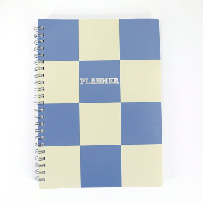 Pen + Gear Monthly Weekly Planner, Blue & Cream Checkered Poly Cover, Medium, Twin Wire Bound
