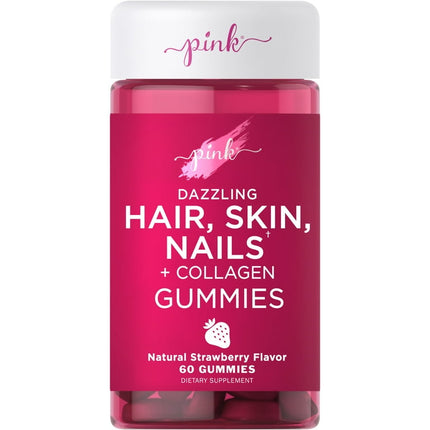 Pink Hair Skin Nails Gummies | 60 Count | Plus Collagen |  Vitamins for Women | Strawberry Flavor