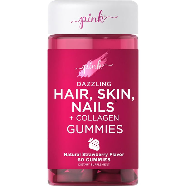 Pink Hair Skin Nails Gummies | 60 Count | Plus Collagen |  Vitamins for Women | Strawberry Flavor