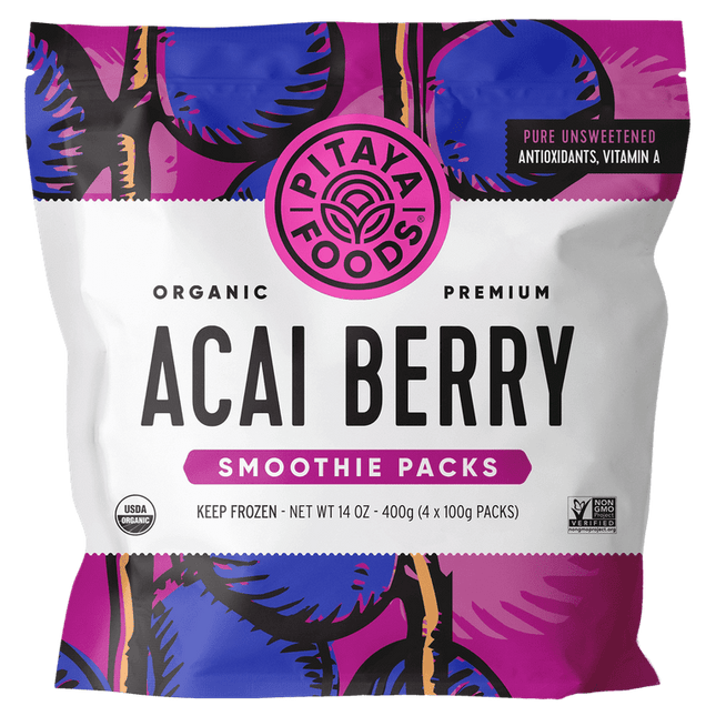 Pitaya Foods Frozen Organic Unsweetened Acai Fruit Smoothie Mix, 14 oz, 4pk