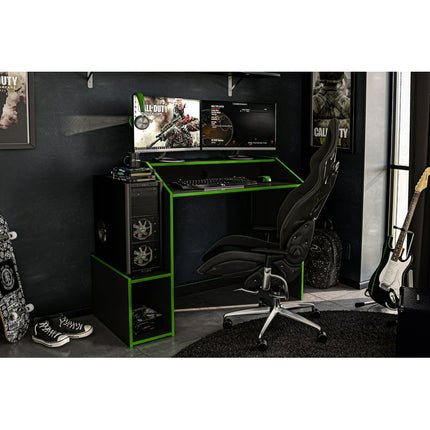 Polifurniture Legend Modern 45" Wood Gaming Desk with Monitor Stand, Black and Green Finish