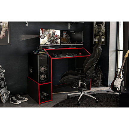 Polifurniture Legend Modern 45" Wood Gaming Desk with Monitor Stand, Black and Red Finish